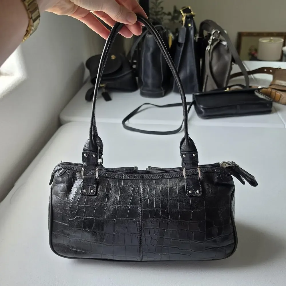 Fossil Shoulder Bag Womens Small Black Croc Embossed Leather Zip Purse Handbag